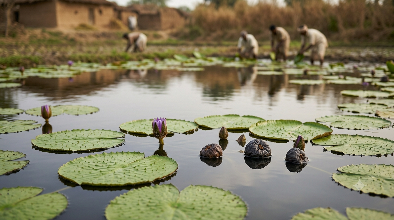 Traditional makhana pond at dawn with harvesters at work