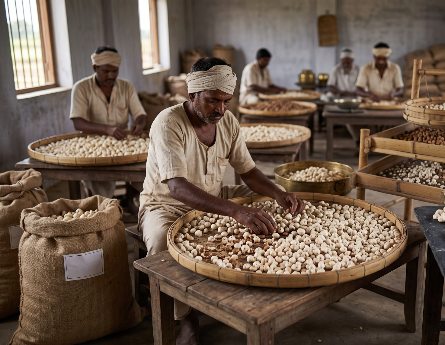 Artisans hand-sorting makhana on bamboo trays in a workshop