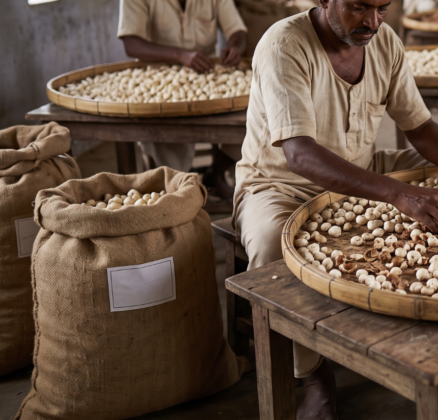 Whole handpicked Zaffrané makhana pieces being sorted